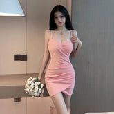 2025 Summer Women's Sexy Spicy Girl V-neck Low cut backless Fashion Tight Split Irregular Wrap buttocks Solid Color Dress SSMB