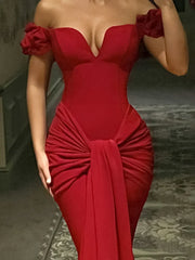 One-shoulder Sexy V-neck Fishtail Dress Female Bodycon Strapless Maxi Gown Party High Waist Ruched Dress Ladies Elegant