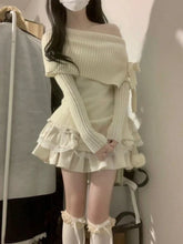 Spring Autumn New Slash Neck Slim Fit Knitted Tops Women+ Y2k High Waist Lace Ruched Cake Skirts All-match Two Piece Sets