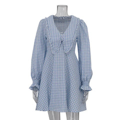 Retro Classic Plaid Butterfly Neck Long Sleeve Dress For Women A-Line Loose Splice Flare Sleeve Party Club Short Dress
