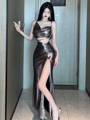 2025 Summer Women's New Sexy Spicy Girl Hollow Back Cross High Waist Side Split Show Leg Length Fashion Style Long Dress DIB3
