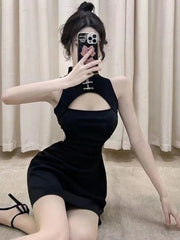 Summer Korean Style New Sweet Soft Girl Black Hollow Out Temperament A-line Loose Dress Slim Fit Cheongsam Trendy Clothes SYU6