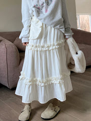 Midi Long Skirts Womens Pleated Skirt Lolita Sweet Spring Autumn High Waisted High Low Ruffle A Line Skirts rok