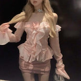 Sweet Pink Off Shoulder Ruffles Long Sleeve Shirts Women+ Y2k High Waist Bodycon Skirts 2024 Summer New Two Piece Sets
