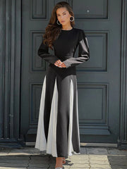 Elegant Contrasting Color Long Dress For Women Lace Up Long Sleeve Slim Party Dresses Female Patchwork Outfit 2025 Autumn