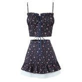 Floral Bow Top and Lace Hem Mini Skirt Suit
