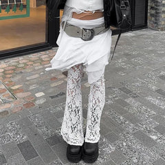 Fashion Sexy Lace Patchwork Skirt Pants 2024 Summer New See Through Mesh Y2k Grunge Low-waisted Irregular Flare