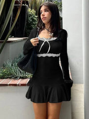 Knitted Mini Dress For Women Rib High Waist Splice Lace Dresses Femme Casual Elegant Slim Folds Dress Woman 2023 Autumn
