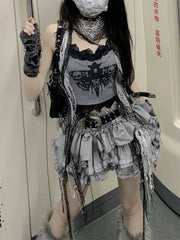 Fashion Sweet Lace Slim Fit Camisole Tops Women+ Y2k Kpop High Waist Ruched Cake Skirts 2024 Summer New Two Piece Sets