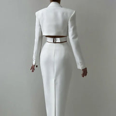 2025 New Hollow Waist Suit Dress Office Lady Single Breasted Midi Dress Lapel Solid Long Sleeve Elegant Female Dresses