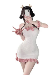 Lingerie Plush Backless Maid Dress Teddy Mature Charm Elegant Gentle Solid New Bear Sexy Lace Bow Buttocks Wrapped Dress CUUY