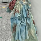 Elegant Vintage Tie Dye Slim Fit Fungus Long Sleeve Tops Women+ Y2k High Waist Ruched Skirts 2024 Summer New Two Piece Sets