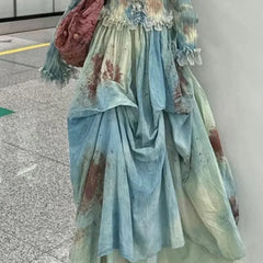 Elegant Vintage Tie Dye Slim Fit Fungus Long Sleeve Tops Women+ Y2k High Waist Ruched Skirts 2024 Summer New Two Piece Sets