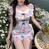 Seaside Summer Roses and Cloudy White Lace Mini Dress Mermaidcore Kawaii Academia Y2K Cottagecore Coquette Fairycore Dollette Princesscore