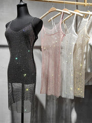 Mesh Rhinestone Hollow Dress For Women Sexy See Through Sleeveless Dresses Club Party Temperament Vestido De Mujer