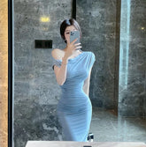 French Fashion Pleated Long Dress Summer Spring For Women Off The Shoulder Slim Fit Slimming Temperament Oblique Shoulder PTOF