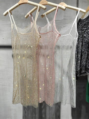 Mesh Rhinestone Hollow Dress For Women Sexy See Through Sleeveless Dresses Club Party Temperament Vestido De Mujer