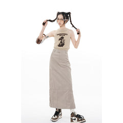 Graduation Gift Summer Women Cargo Slit Longuette Skirt High Waist Casual American Safari Style Vintage Straight Female Streetwear Slit Skirt