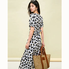 High Quality Women Fashion Short Sleeve Sweetheart Neck Slim Dress Elegant Lady Sexy Split Irregular Office Business Dress