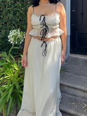 Ruffle Bandage Mesh Dress Sets For Women Lace See Through Crop Tops Ladies Holiday Elegant Skirt Suits Womens Outfits New