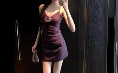 French Elegance 3D Flower Fairy Dress Party Prom Sexy Spaghetti Strap Dress V-Neck Sundress Blue Casual Banquet Formal Occasion