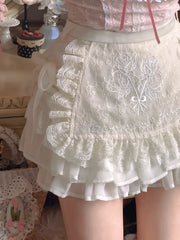 Kawaii Floral Embroidery Mini Skirt Lace Patchwork A-LINE Lolita Skirt Womens Japanese Style Cutecore High Waist Skirts