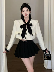 High Quality Small Fragrance Two Piece Set Women Shirt Tops + Pleated Skirt Suits Autumn Korean Elegant Fashion OL 2 Piece Sets