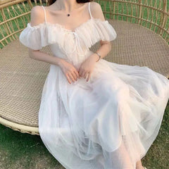 Fairycore Mesh Dress Woman 2025 Summer Low Chest Off Shoulder Lace-Up White Dresses Women Sexy Sweet Spaghetti Strap Dress