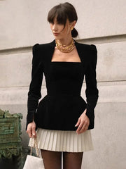Fashion Long Sleeve Pleated Dress Elegant Contrast Color Office Woman Velvet Short Dress Splice Slim Vestidos Party Dress