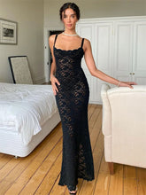 Lace See-Through Maxi Dress Sheer Black Slit Bodycon Slim Dresses Elegant Solid Zipper Backless Sexy Dress For Women 2023