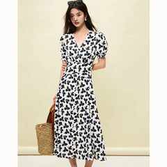 High Quality Women Fashion Short Sleeve Sweetheart Neck Slim Dress Elegant Lady Sexy Split Irregular Office Business Dress