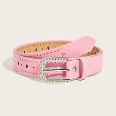 Fashion Leather Punk Belt with Adjustable Love Heart Holes Luxury Designer Rhinestone Buckle Women Belt for Dress Jeans Cool