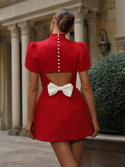 Back Hollow Bows Mini Dress For Women Solid Elegant Short Sleeve Splice Club Party Dress Female A-line Bodycon Outfits