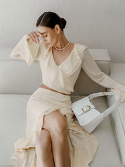 Ruffled V-Neck Mini Skirt Sets For Women Casual Summer Long Sleeve Patchwork Split Solid 2 Piece-Set Crop top Outfits