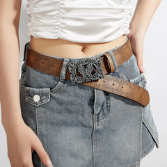 Luxury Designer Gothic Vintage Metal Carved Floral Buckle Belt PU Thin Belt Adult Harajuku Waist Straps Jeans Dress Accessories