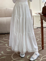 White Black Long Skirt Women Crochet Lace Maxi Skirt 2024 Goth Lolita Summer High Waisted Pleated Skirts rok