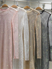 Hollow Out Rinestone Fishnet Dress Sparkle Long Sleeve Oversized Dresses Evening Night Club Party Wear Outfits Cover-Up