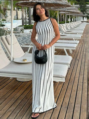 Retro Striped Knit Sleeveless Long Dress For Women Autumn Contrasting Color Slim Beach Holiday Sweater Dresses Elegant