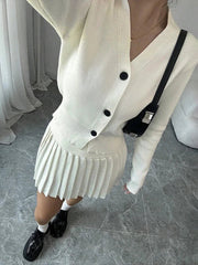 Retro Knitted Long Sleeve Sweater High-Waisted Pleated Skirt Two Piece Set For Women Niche Solid Matching Sets Autumn New