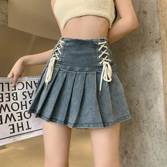 Korean Chic Blue Denim Skirt for Women 2024 Summer New High Waist A-line Skirts Y2k E-Girl Drawstring Bow Faldas Mujer
