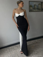 Fashion Backless Bows Strapless Dress For Women Contrast Color Sexy Ribbon Long Dress Elegant Female Bodycon Gown Clothes
