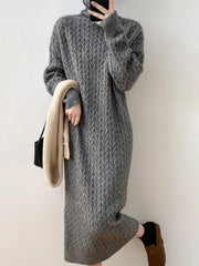 Knitted Long Dress Women Loose Long Sleeve Turtleneck Pullover Femme Retro Elegant Warm Sweater Womens Knitwear Cover Up