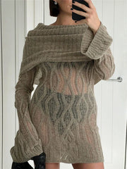 Knitted Mini Dress For Women Slim Rib High Waist Flare Sleeve Dresses Femme 2023 Autumn Winter Bodycon Sexy Dress Woman