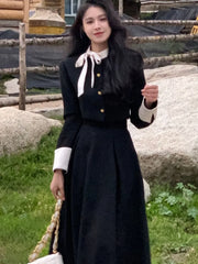 Korean Style Two Piece Set Women Spring Autumn Trend Long Sleve Lace Up Single Breasted top + A-Line Midi Skirt Fashion Female