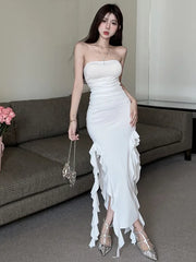 White Robe Long Dress Elegant 2025 Sexy Off Shoulder Slim Wrapped Chest Split Mid Length Dress Fashion Korean Women Tops H8OG