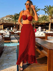 Sexy 3Pcs Bikini Set With Skirt Women Swimsuit Tassel Long Skirt Bathing Suit Beachwear 2025 Summer Trend Female Swimwear Dress