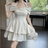 New Simple Slim Style Bow Tie Hanging Neck Cake Princess Solid Folds Short Women Sweet Off Shoulder Strap Bubble Dress I6JA