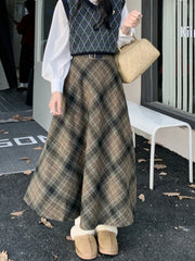 Plaid Skirt Women Maxi Autumn Winter Korean Vintage High Waisted Woolen Skirt Casual Ladies A Line Midi Long Skirts