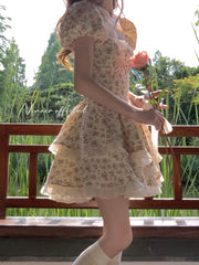 French Fashion Sweet Boat Neck Fragmented Flower Bubble Sleeve Dress Summer New Open Back Hollow Bow Slim Fit Design Skirt OUC5