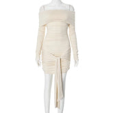 One-Shoulder Pleated Bandage Mini Dress Female Sexy Bodycon Long Sleeve Autumn Fashion Autumn Party Club Dresses Female